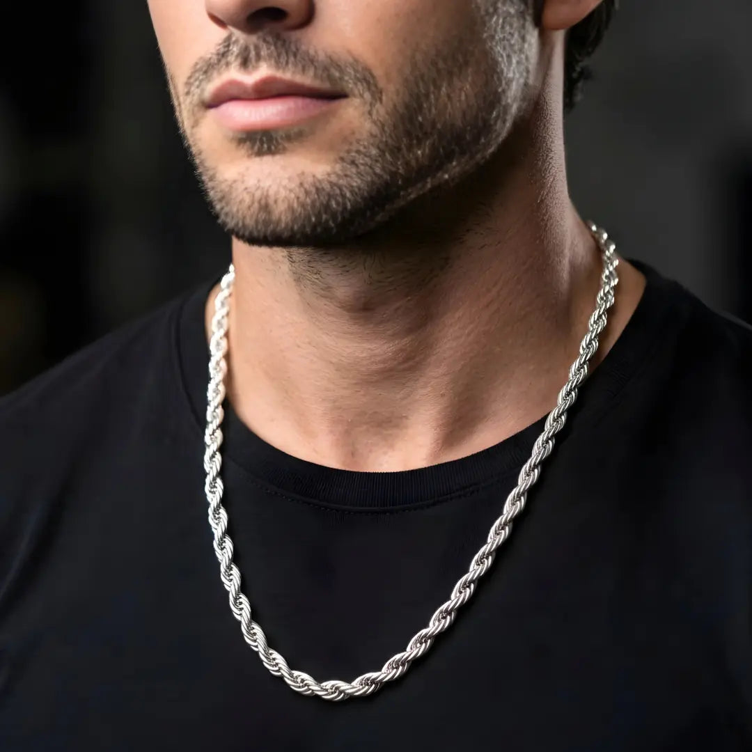Stainless Steel Silver Rope Chain Necklace – Chunky Twisted Silver Chain
